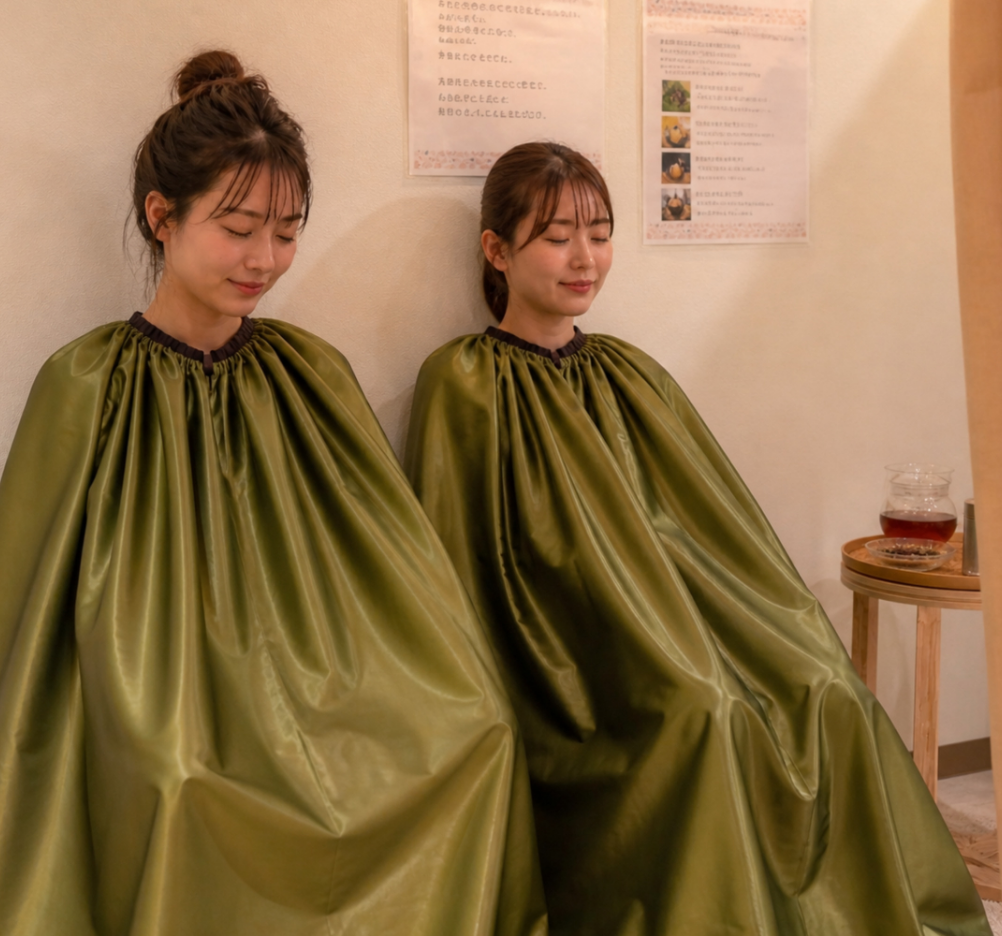 黄土よもぎ蒸しの施術を受けるお客様