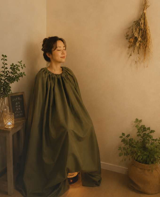 よもぎ蒸しのガウンをまとって座る女性